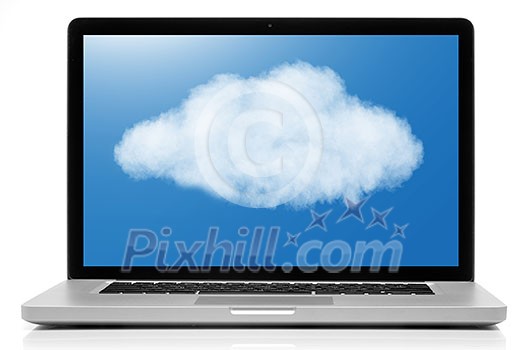 Cloud computing network concept. Notebook with cloud isolated on white