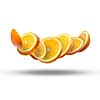 Falling slices of orange in air isolated on white