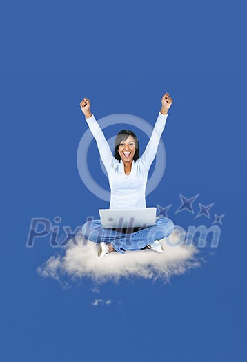 Happy black woman with computer sitting on cloud Happy black woman with computer sitting on cloud
