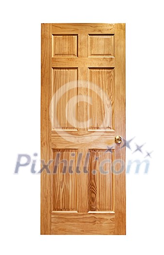 Isolated wooden front door with brass handle on white background Isolated wooden front door with brass handle on white background