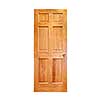 Isolated wooden front door with brass handle on white background
