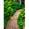 Paved brick path in lush green summer garden
