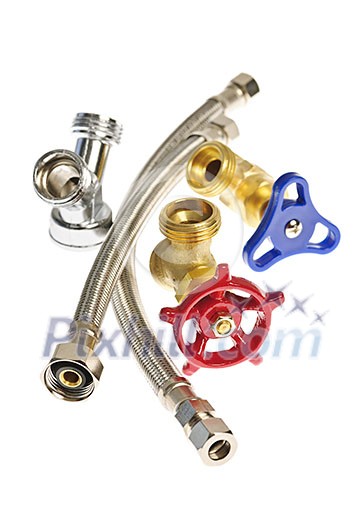 Isolated plumbing valves hoses and assorted parts Isolated plumbing valves hoses and assorted parts
