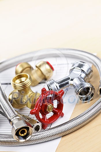 Plumbing valves hoses and assorted parts with estimate sheet Plumbing valves hoses and assorted parts with estimate sheet