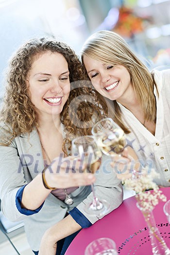 Two happy women celebrating with glasses of white wine Two happy women celebrating with glasses of white wine