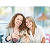 Two happy women in cafe celebrating with glasses of white wine