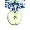 green apple dropped into blue water with splash isolated on white