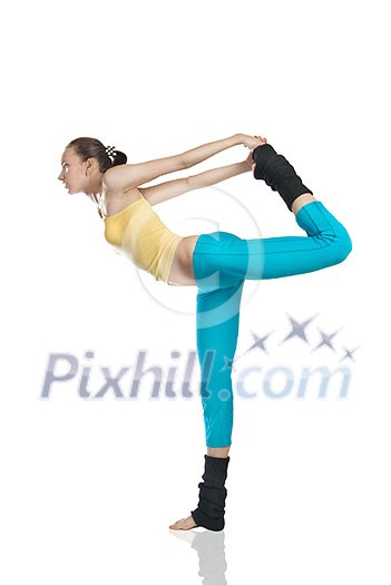 attractive woman doing gymnastics on white background attractive woman doing gymnastics on white background