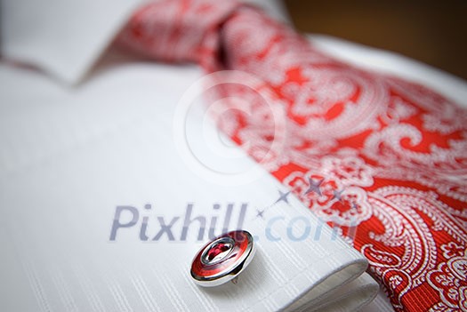 close-up photo of stud on white shirt with red tie