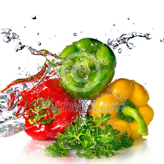 red, yellow, green pepper and parsley with water splash isolated on white red, yellow, green pepper and parsley with water splash isolated on white