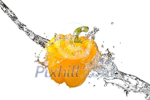 fresh water splash on yellow sweet pepper isolated on white fresh water splash on yellow sweet pepper isolated on white
