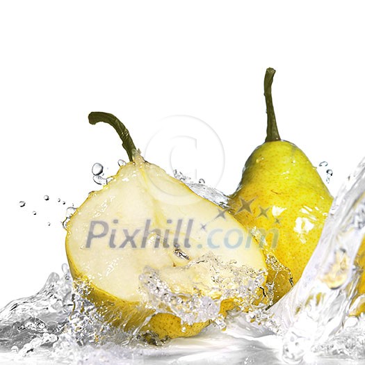 yellow pear with water splash isolated on white