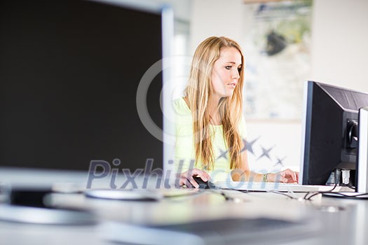 Pretty, female student looking at a desktop computer screen, learning unpleasant news about her exam results. University/office/school concept Pretty, female student looking at a desktop computer screen, learning unpleasant news about her exam results. University/office/school concept