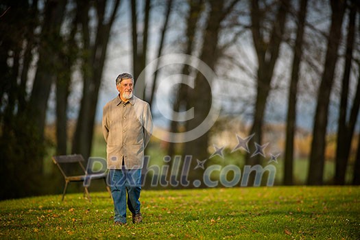 Portrait of a senior man outdoors, walking in a park (shallow DOF; color toned image) Portrait of a senior man outdoors, walking in a park (shallow DOF; color toned image)