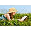 Young teenage girl reading book in summer meadow with straw hat