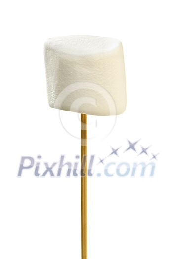 Isolated closeup of marshmallow on a wooden skewer Isolated closeup of marshmallow on a wooden skewer