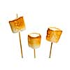 Three golden toasted marshmallows on wooden skewers