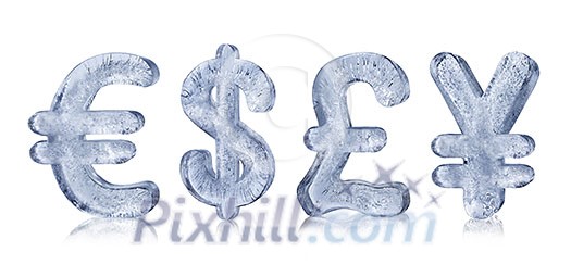 Four major currency symbols made of ice Four major currency symbols made of ice