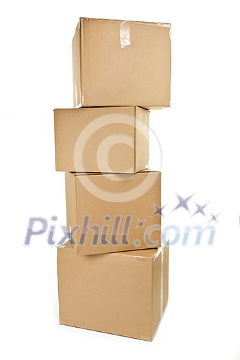 Stack of four large cardboard moving boxes isolated on white Stack of four large cardboard moving boxes isolated on white