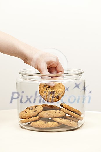 Hand taking chocolate chip cookie from glass jar Hand taking chocolate chip cookie from glass jar
