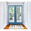 Double patio french doors with windows exiting to sunny backyard