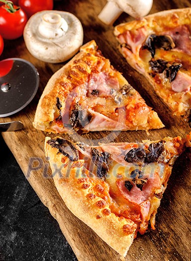 Homemade sleced delicious pizza with bacon and mushroom on wooden background. Italian cuisine. Homemade sleced delicious pizza with bacon and mushroom on wooden background. Italian cuisine.