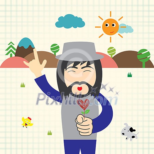 vector cartoon hipster man with red heart flower 