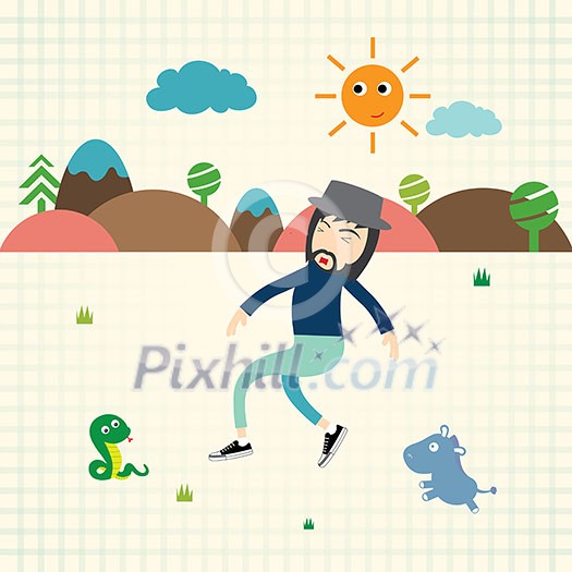 vector cartoon hipster man  in wild  