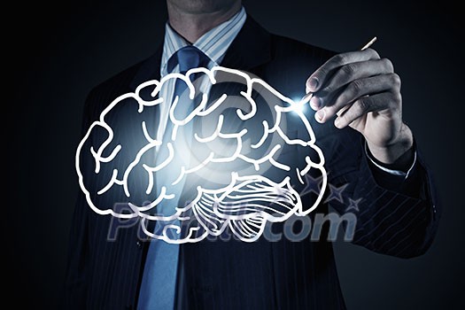 Chest view of businessman drawing mind concept on screen Chest view of businessman drawing mind concept on screen