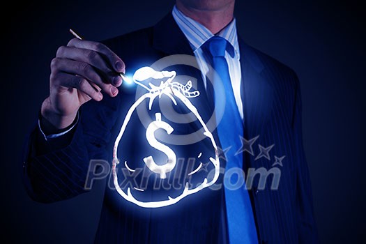 Chest view of businessman drawing money bag on screen Chest view of businessman drawing money bag on screen