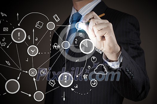 Chest view of businessman drawing connection lines on screen Chest view of businessman drawing connection lines on screen