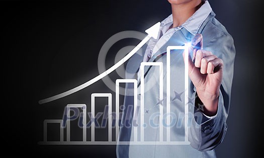 Chest view of businesswoman drawing infographs on digital screen Chest view of businesswoman drawing infographs on digital screen