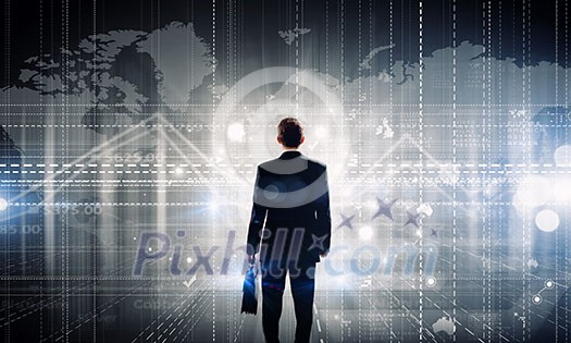 Back view of businessman with suitcase in hands looking at virtual panel Back view of businessman with suitcase in hands looking at virtual panel
