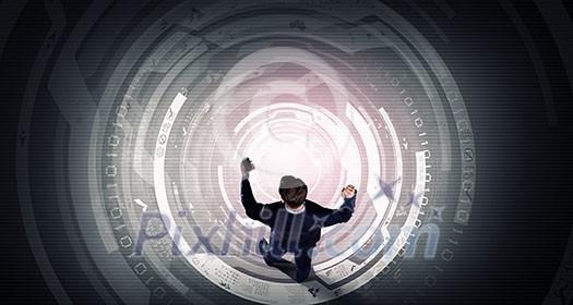 Top view of businessman with mobile phone on digital background Top view of businessman with mobile phone on digital background
