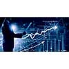 Businessman with papers in hands on digital infograph background
