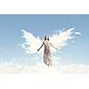 Attractive woman with angel wings on sky background