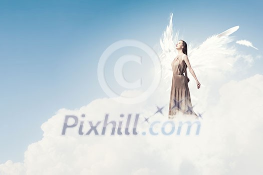 Attractive woman with angel wings on sky background Attractive woman with angel wings on sky background