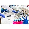 Young female scientist works in modern chemistry/biology lab (shallow DOF; color toned image)