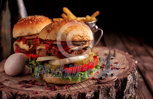 Delicious homemade hamburger with lettuce and cheese. Fried chips and burger on wooden background. Delicious homemade hamburger with lettuce and cheese. Fried chips and burger on wooden background.