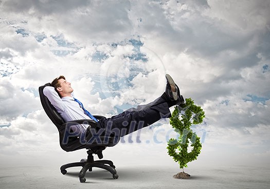 Young confident businessman sitting in chair with legs on dollar sign Young confident businessman sitting in chair with legs on dollar sign
