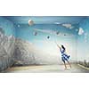 Young woman in summer dress flying in sky