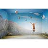 Little cute girl jumping high among balloons flying in sky