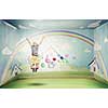 Little cute girl jumping high among balloons flying in sky