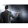 Rear view of businessman touching icon of media screen