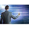 Rear view of businessman touching icon of media screen
