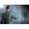 Rear view of businessman touching icon of media screen