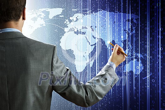 Rear view of businessman touching icon of media screen Rear view of businessman touching icon of media screen