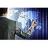 Rear view of businessman touching icon of media screen
