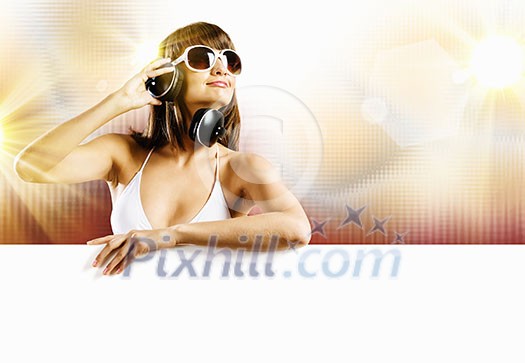 young girl in white bikini with white banner young girl in white bikini with white banner