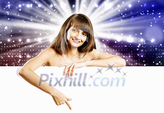 Young naked girl holding white blank banner. Place for text Young naked girl holding white blank banner. Place for text